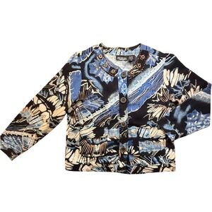 NEW DIRECTION Womens‎ M Bead Embellished Button Jacket Blue Abstract Boho Artsy